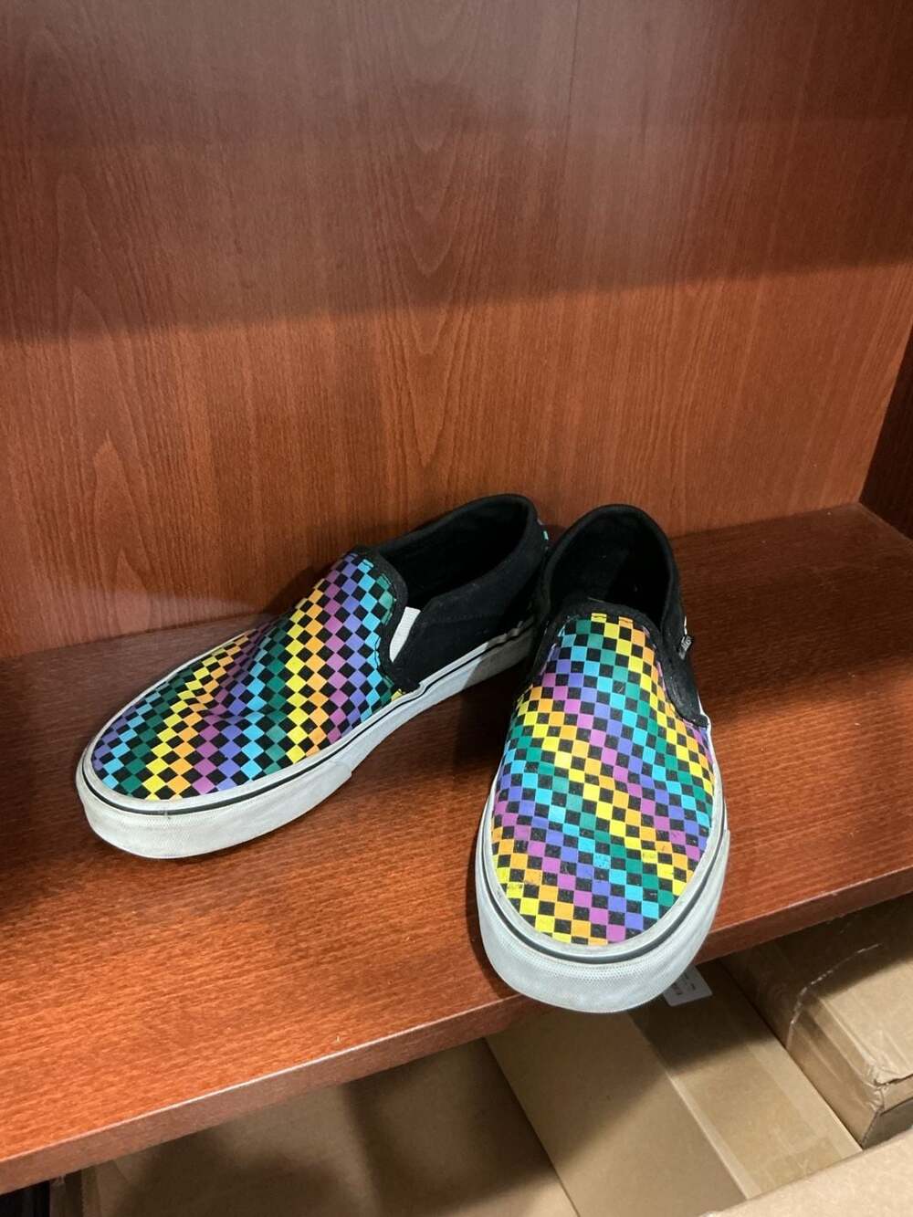 Vans Classic womens Slip-On Rainbow Checkerboard Sneakers. #68